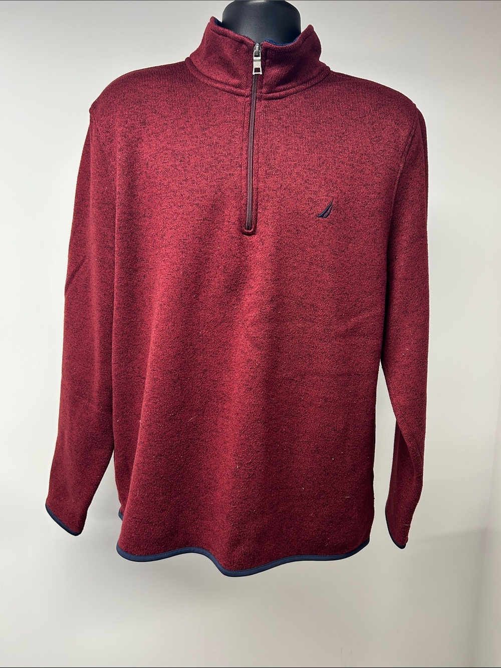 Nautica Mens XL Burgundy Fleece Quarter Zip Pullover Sweater Embroidered Logo